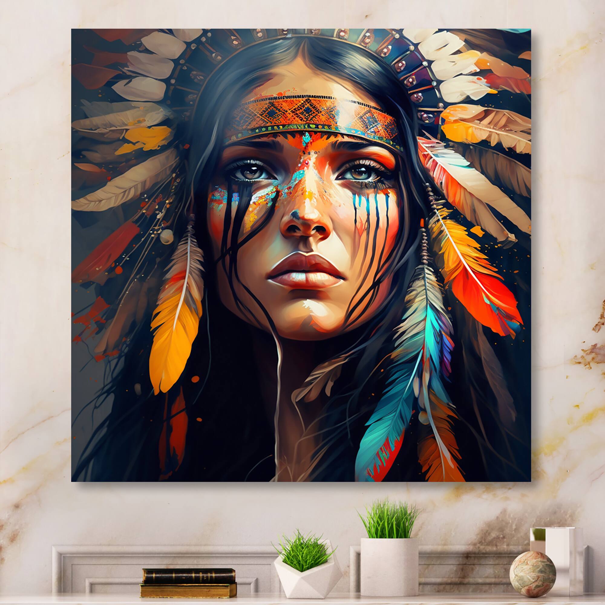 Designart 'Colorful Native American Woman VI' Contemporary Glam Canvas Wall Art